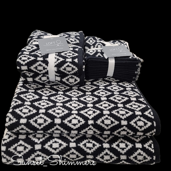 8pc Loft 2 Bath 2 Hand 4 Washcloth Black & White Diamond Tile Towel Set New - Picture 7 of 11